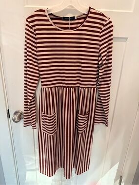 MEROKEETY NWT Burgundy Stripe Long Sleeve Pocket Dress M